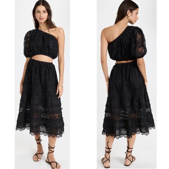 Waimari Jade One Shoulder Lace Embroidered Cutout Black Midi Dress Size XS - Picture 1 of 10